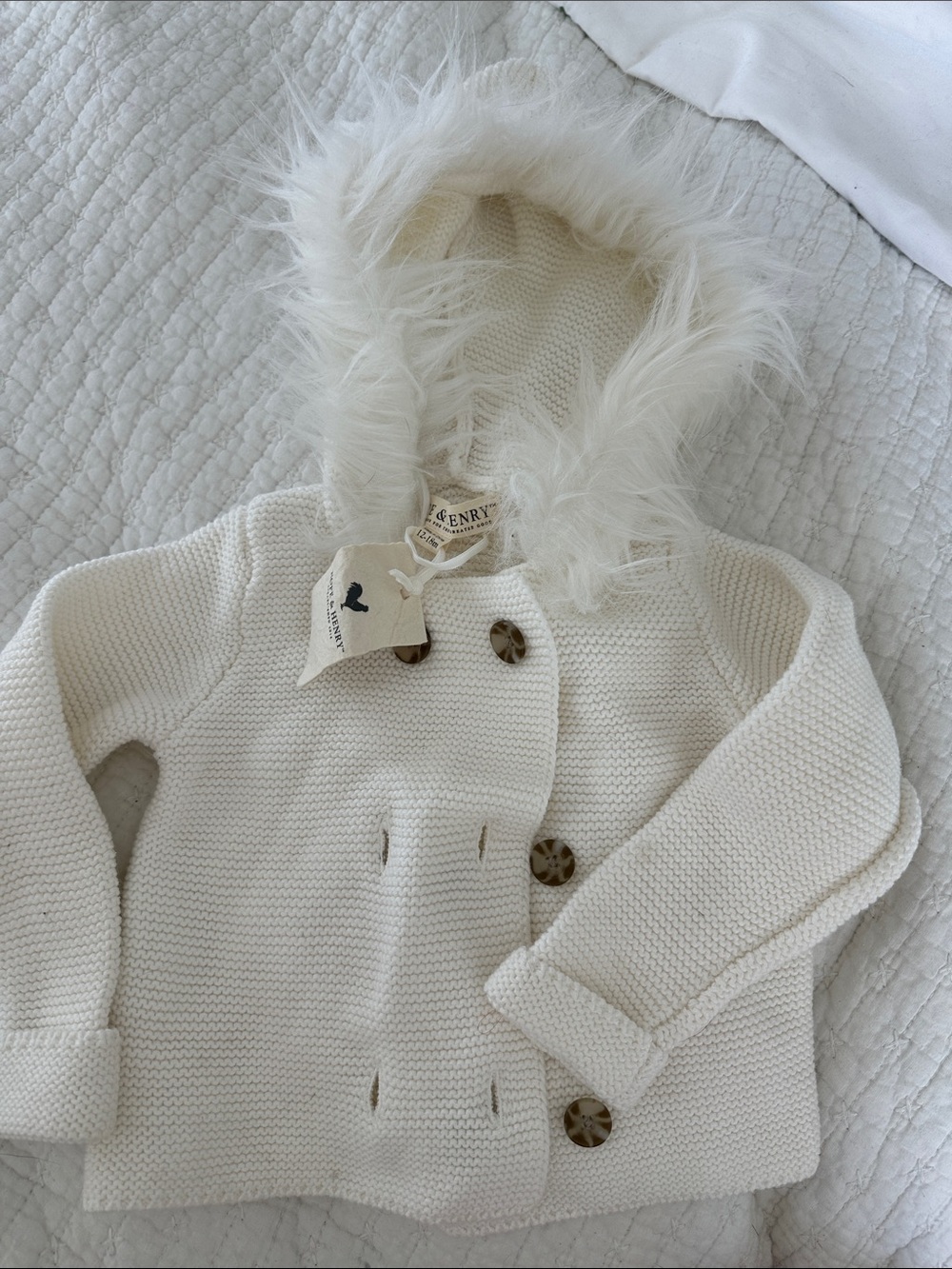 Cream Knit Hooded Coat with Faux Fur Trim 12-18 months